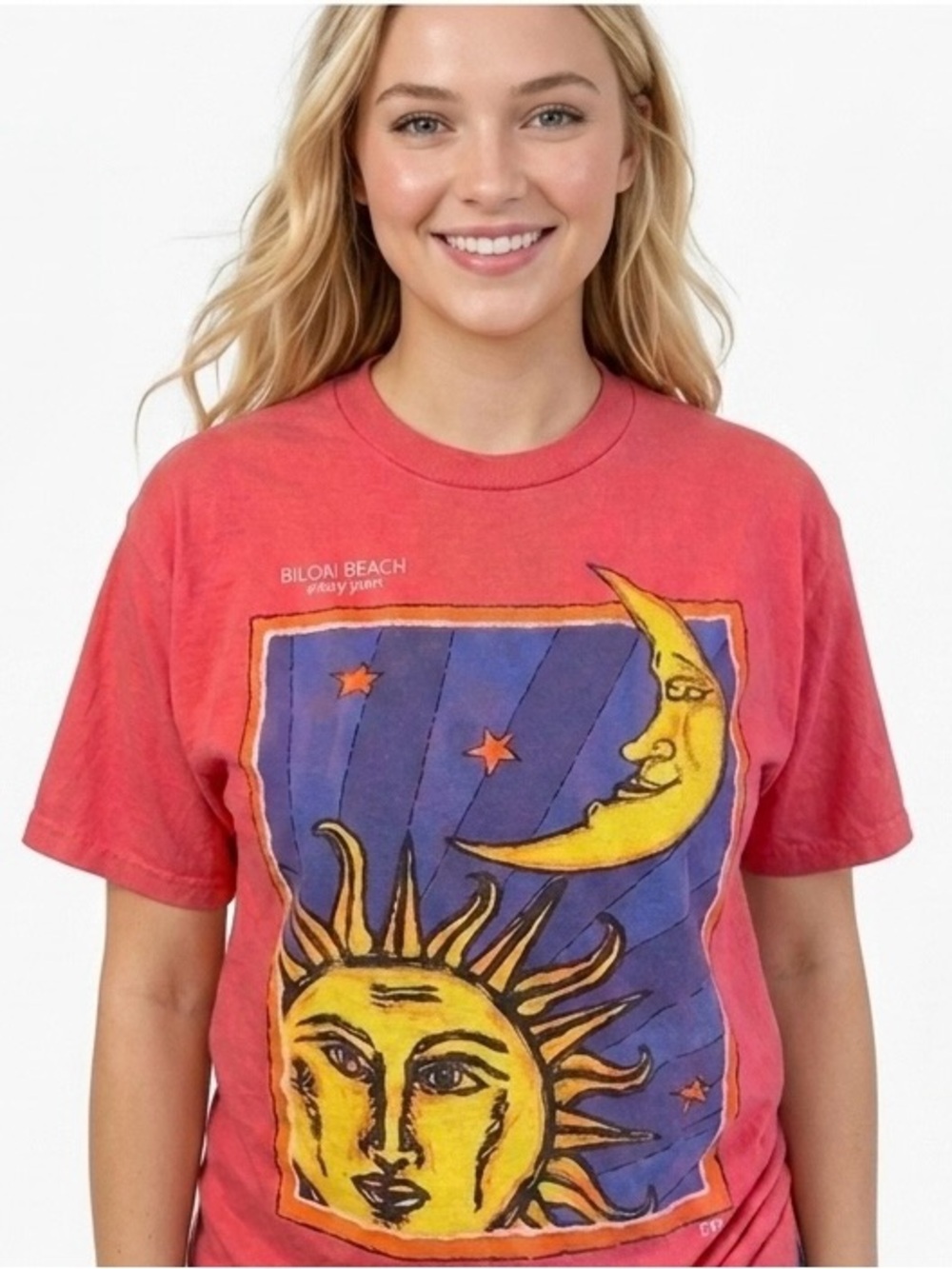 Biloxi Beach T-Shirt Mississippi Red Graphic  with Sun and Moon Design Size XL